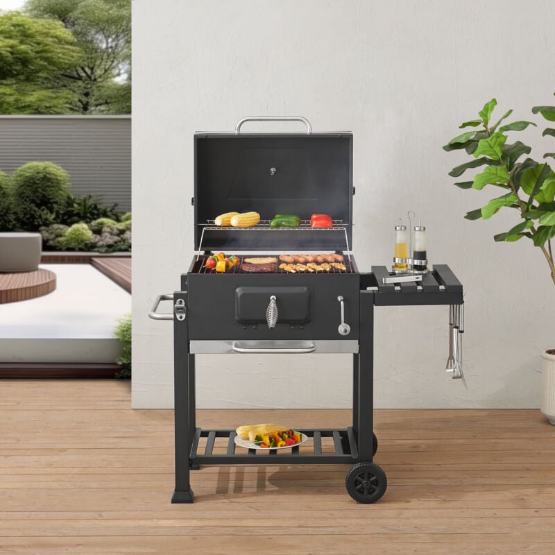 Casa.pro - Chariot de barbecue au charbon de bois Arnad 105 x 114 x 48 cm noir