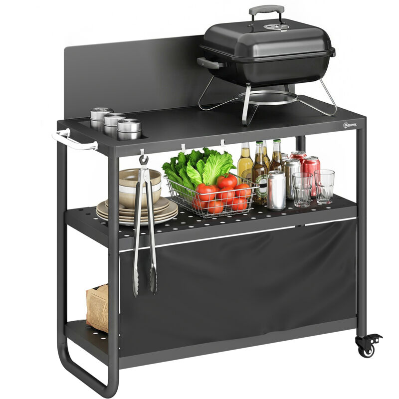 Chariot de barbecue - desserte de jardin - Outsunny - pare-vent, 3 niveaux mobile avec rideau oxford - acier - 100x46x110cm - noir