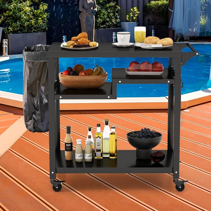 Chariot de Barbecue d'Extérieur à 3 Étagères Desserte de Jardin avec 4 Roues Verrouillables Crochets et Poignée Latérale Table de Four à Pizza Noir