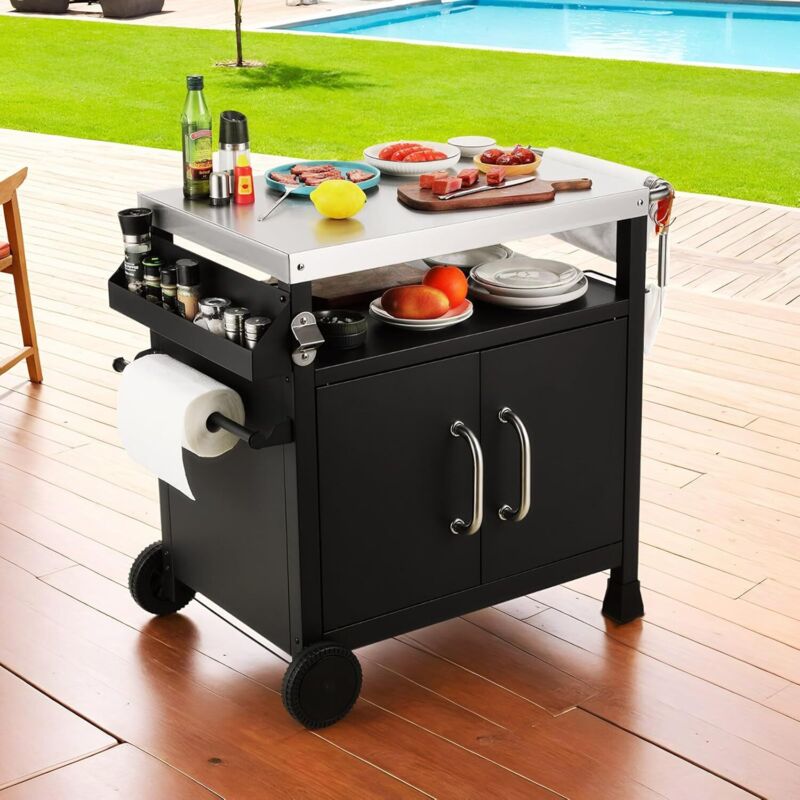 Chariot de Barbecue en Acier Inoxydable,Table de Barbecue avec Crochets, 2 roulettes et Armoire, Desserte Extérieure 3 Niveaux Plateau de Table INOX,