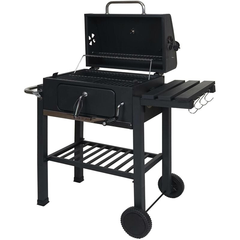 Chariot de barbecue HHG 862, barbecue au charbon de bois Barbecue bbq gril de jardin avec couvercle étagères, acier, 110x100x51cm noir - black