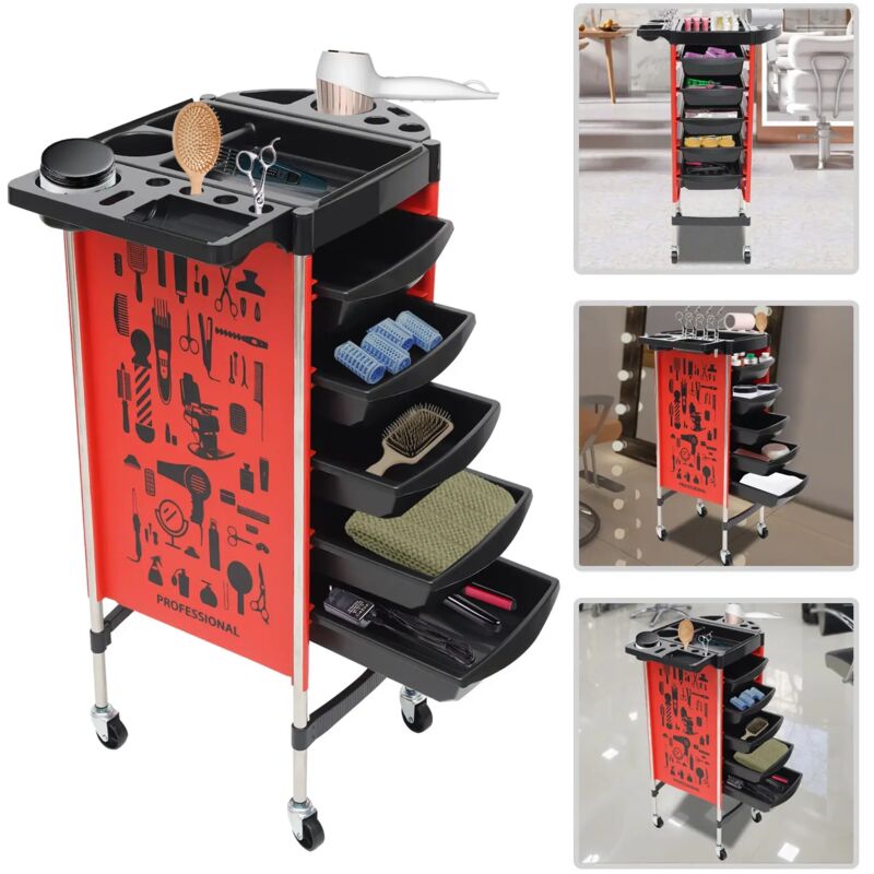 Chariot de coiffure pliable à 5 tiroirs, chariot de travail empilable, multifonctionnel, chariot cosmétique professionnel pour salon de beauté, rouge