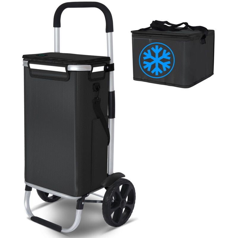 Vounot - Chariot de course pliable aluminium 2 roues avec sac isotherme noir