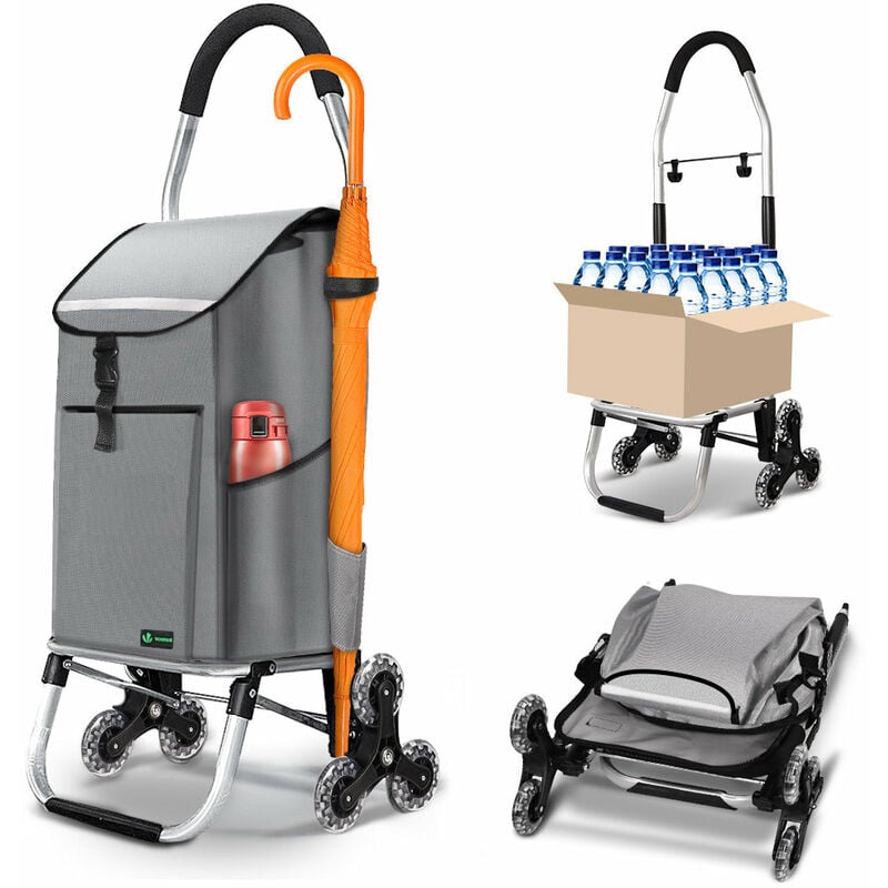 Chariot de course pliable monte escalier aluminium avec crochets gris