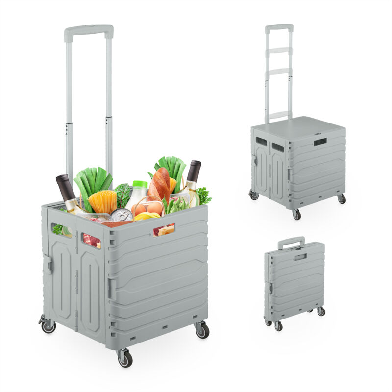 Chariot de courses, couvercle et 4 roulettes, jusqu'à 35 kg, caisse pliable, plastique, gris - Relaxdays