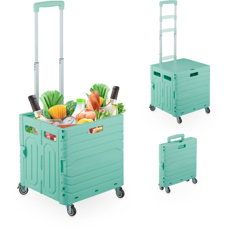 Chariot de courses, couvercle et 4 roulettes, jusqu'à 35 kg, caisse pliable, plastique, turquoise - Relaxdays