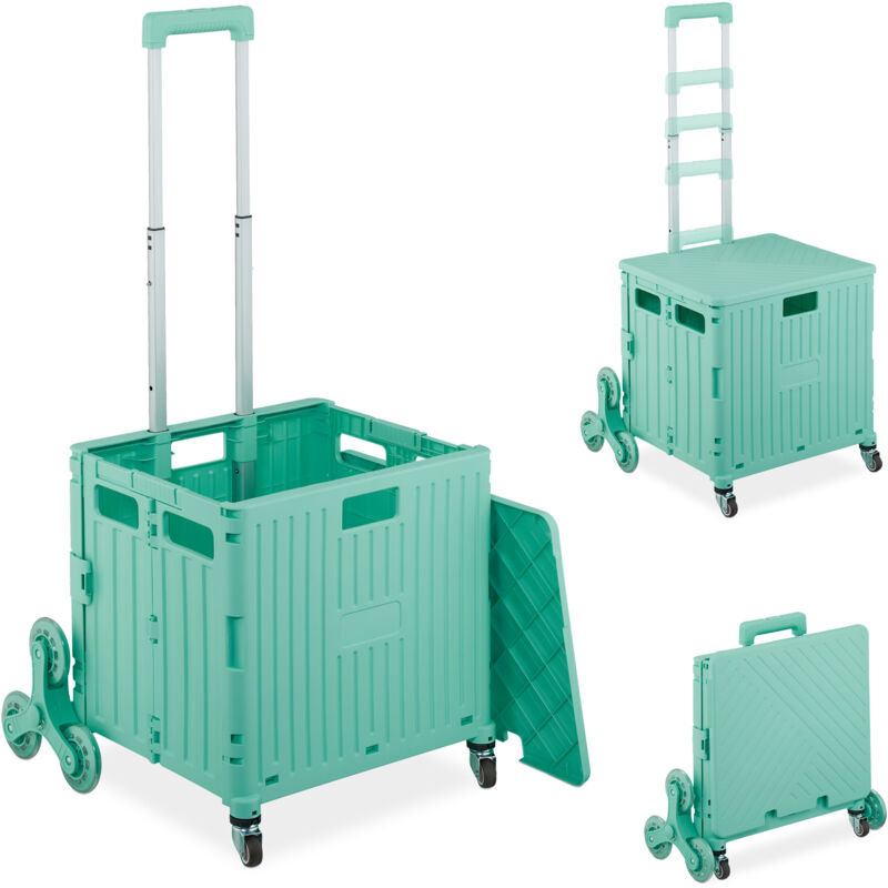 Chariot de courses monte escalier, caisse à roulettes, couvercle et poignée, jusqu'à 35 kg, turquoise - Relaxdays