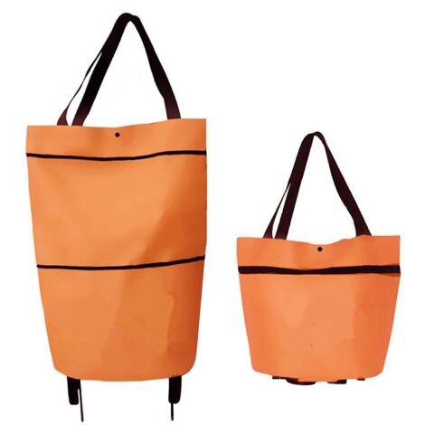 Chariot de courses pliable 2 en 1, sac de courses pliable à deux niveaux avec fermeture éclair et roulettes, orange