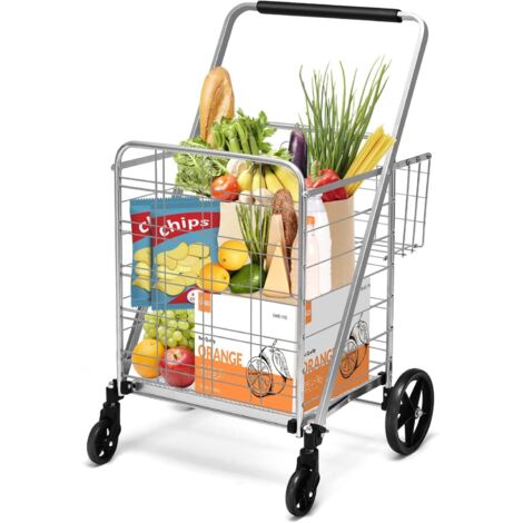 Chariot de Courses Pliable à 4 Roues, Caddie de Courses à Double Panier, Chariot (Argent)