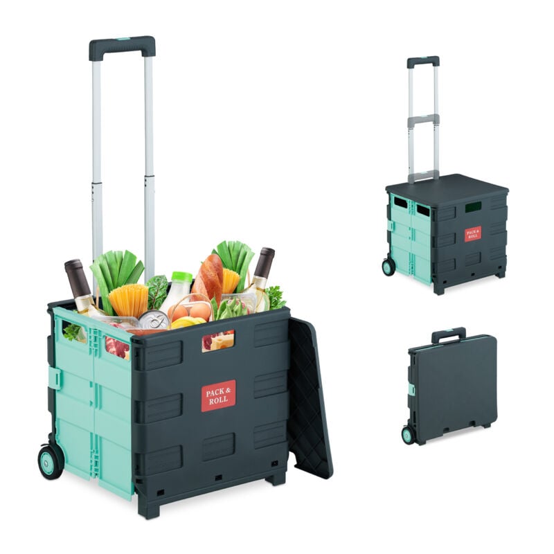 Chariot de courses pliable, avec couvercle, caisse sur roulettes, poignée, jusqu'à 35 kg, turquoise/gris - Relaxdays