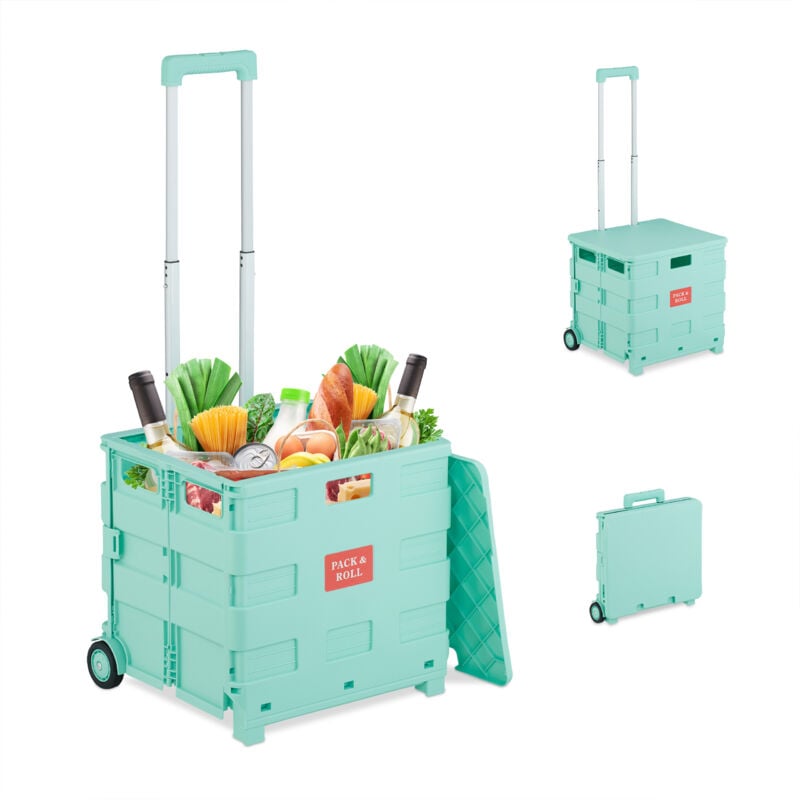 Chariot de courses pliable, avec roulettes, couvercle et poignée télescopique, jusqu'à 35 kg, turquoise - Relaxdays
