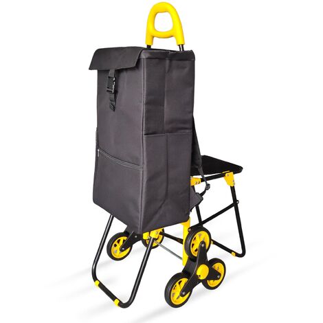 Chariot de courses pliable avec sac isotherme et siege jaune monte escalier