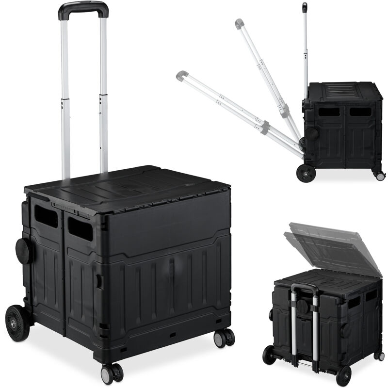 Chariot de courses pliable, caisse à roulettes, avec couvercle, poignée inclinable, 50 kg, noir - Relaxdays