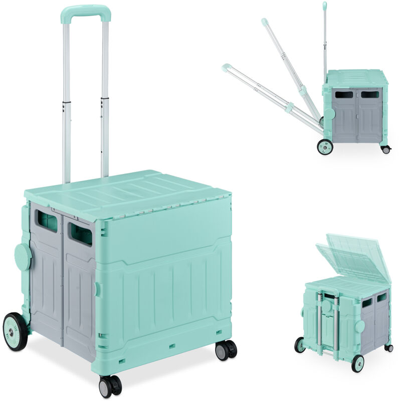 Chariot de courses pliable, caisse à roulettes, avec couvercle, poignée inclinable, 50 kg, turquoise/gris - Relaxdays