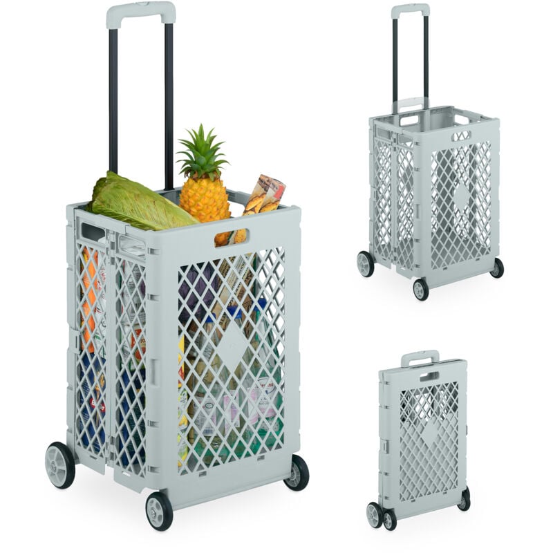 Chariot de courses pliable, caisse sur roulettes, 25 kg, poignée télescopique, grillagé, gris - Relaxdays