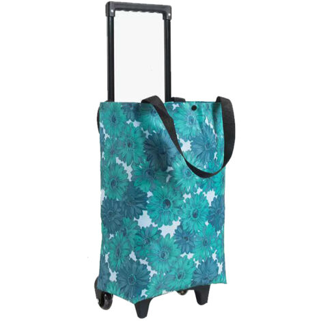 Chariot de Courses Pliable et Portable avec Poignée Rétractable et Roues - Trolley en Tissu Oxford pour Voyage, Motif Marguerite Bleue