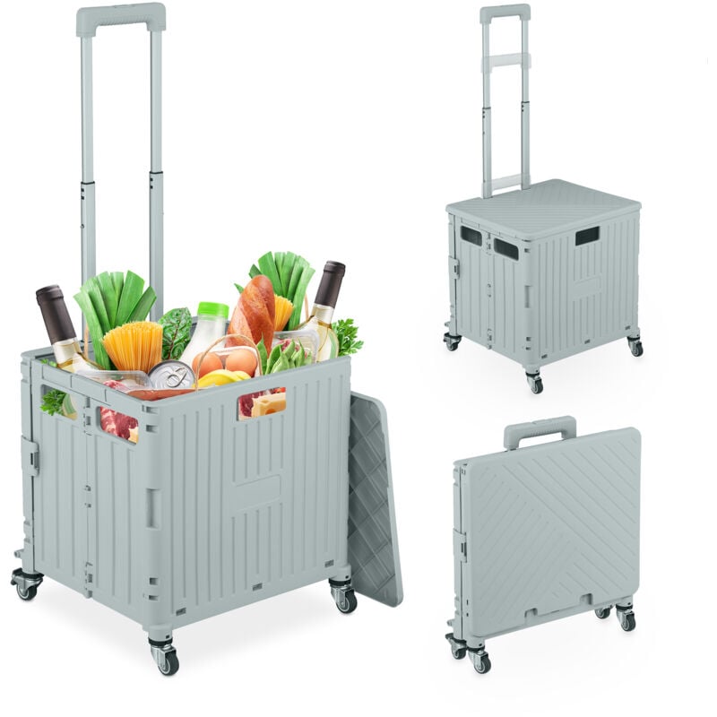 Relaxdays chariot de courses pliable, roulettes pivotantes, jusqu'à 35 kg, avec couvercle et poignée, gris