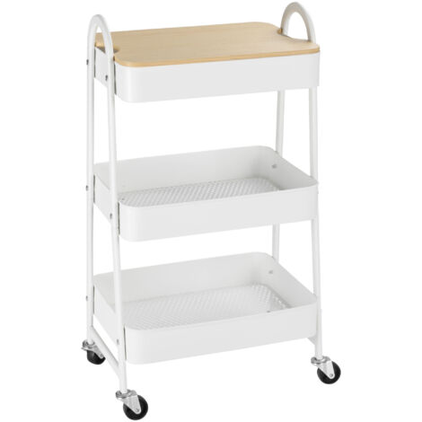 Chariot de cuisine 3 étages en métal blanc, grand rangement avec couvercle, pour cuisine et bureau, acier 45x31x79,4cm