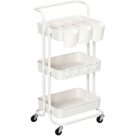 Chariot de cuisine 3 niveaux avec paniers amovibles, étagère à 12 compartiments, blanc