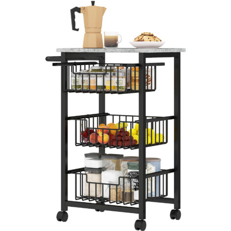 Chariot de Cuisine 3 Paniers avec Poignée, Acier et Bois, 49.5x31x69 cm, Noir et Gris Clair