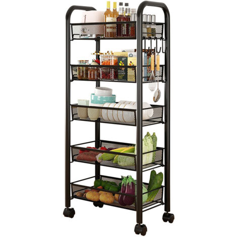Chariot de cuisine à 5 niveaux, étagère en métal sur roulettes, chariot d'appoint, chariot de service pour cuisine, salle de bain, chambre à coucher, bureau, 44 x 26 x 102 cm, Noir