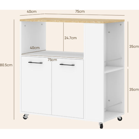 Chariot de cuisine avec étagère ouverte, placard à 2 portes et étagère latérale à 2 niveaux, chariot multifonction avec étagère en bois réglable, 75 x 40 x 80,5 cm, coloris blanc et chêne