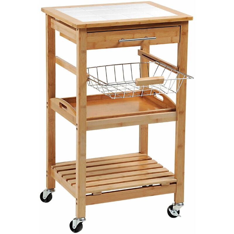 Chariot de cuisine avec plateau amovible et panier pour légumes, bambou, panier
