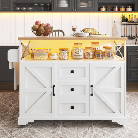 Chariot de cuisine avec table pliante et éclairage LED d'application, porte-snacks, table de salle à manger avec espace de rangement, blanc