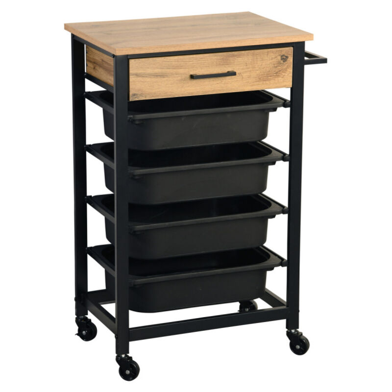 Chariot de cuisine en bois et plastique à 4 récipients + 1 tiroir - Noir/Beige - h 85 cm - Livraison gratuite