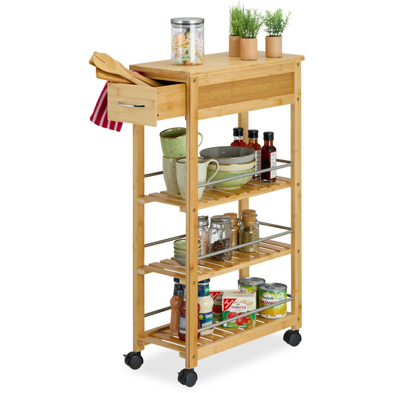 Desserte à roulettes, Chariot cuisine bambou, tiroir, 3 niveaux, épices, hlp: 86,5x25x50,5 cm, nature/argenté - Relaxdays
