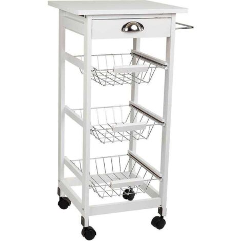 chariot de cuisine blanc en bois avec paniers et roulettes - blanc bois clair et métal argenté