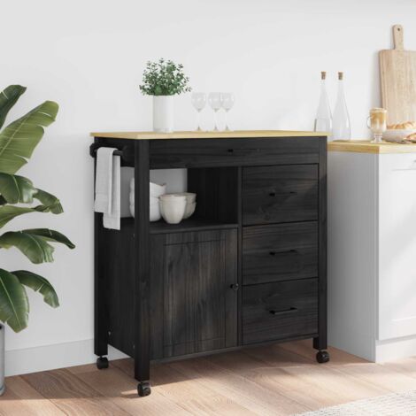 Chariot de Cuisine Bois de Pin Massif Noir 88,5x40x84 cm avec Roulettes et Rangement - 1 Étui