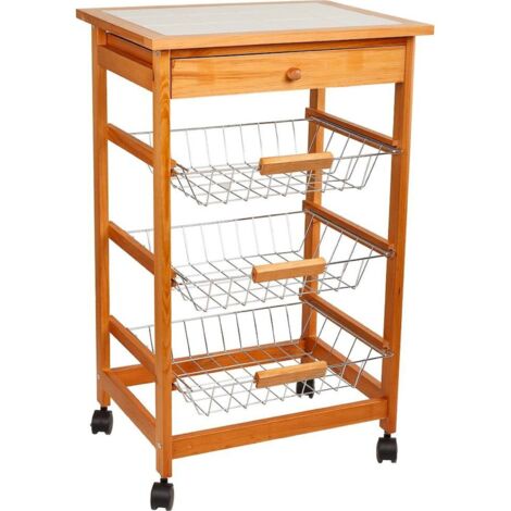 Chariot de cuisine bois et céramique avec paniers et roulettes - bois naturel et blanc céramique