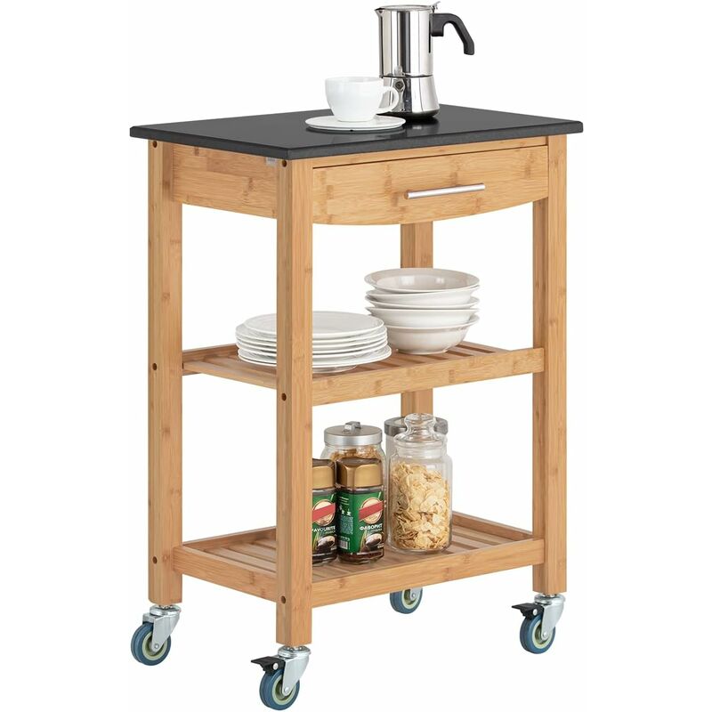 Sobuy - Chariot de cuisine de service roulant, Desserte sur roulettes en bambou Plateau en Granit L58xP40xH87cm (Noir) ® FKW28-SCH