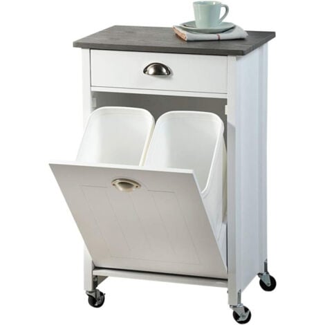 Chariot de cuisine en bois avec 2 poubelles + tiroir - Blanc - H - Livraison gratuite