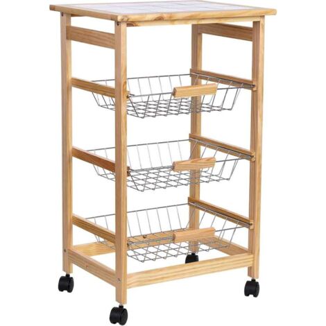 Chariot de cuisine en bois blanc avec paniers et roulettes - bois naturel clair et argent