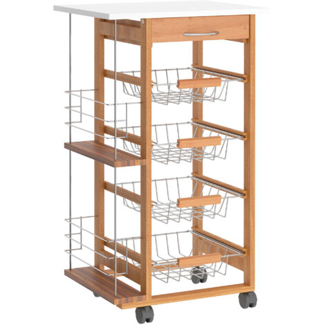 Chariot de cuisine en bois brun économe d’espace, boîte alimentaire avec 1 plan de travail, 1 tiroir et 4 paniers métalliques, 47x37x83cm