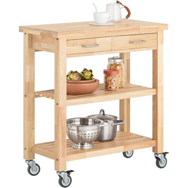 Chariot de Cuisine en bois d'hévéa Kitchen Trolley Desserte roulante avec deux étagères FKW24-N Sobuy