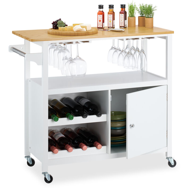 Desserte à roulettes, chariot cuisine, casier à vin, porte-verres, 83 x 92 x 40 cm, bambou, mdf, blanc/nature - Relaxdays