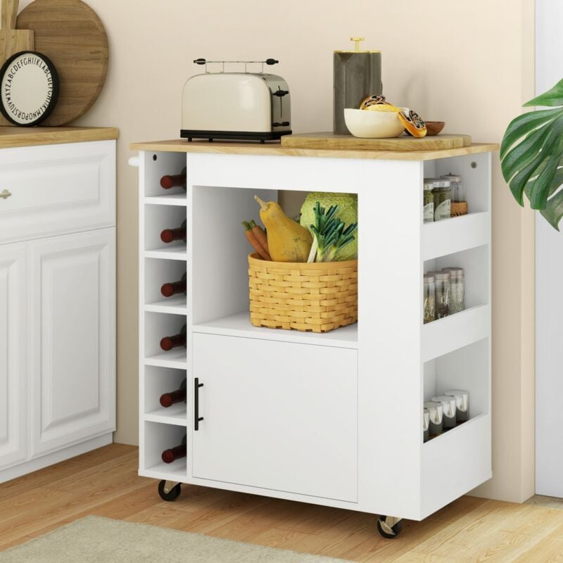 Redom - Chariot de cuisine, îlot de cuisine, étagère de rangement multifonction pour salle à manger, en bois, 83x40x83 cm, blanc et naturel