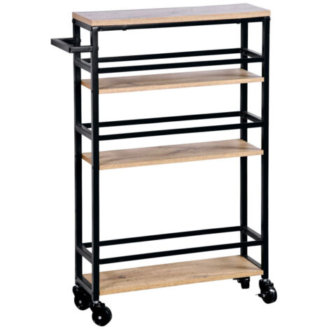 Chariot de cuisine mobile en métal noir avec 3 étagères en bois MDF – Dimensions L 15 x H 81 x P 50 cm – Roulettes pivotantes avec frein – Kesper