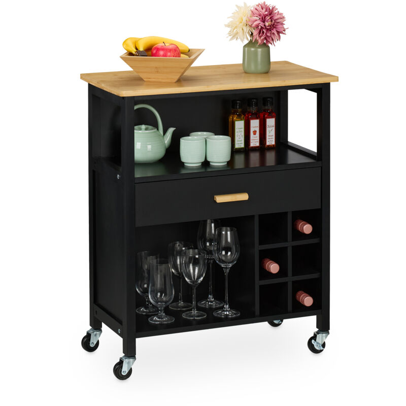 Desserte de cuisine, pour 6 bouteilles, tiroir spacieux, plan de travail, 80 x 65 x 35 cm, noir et nature - Relaxdays