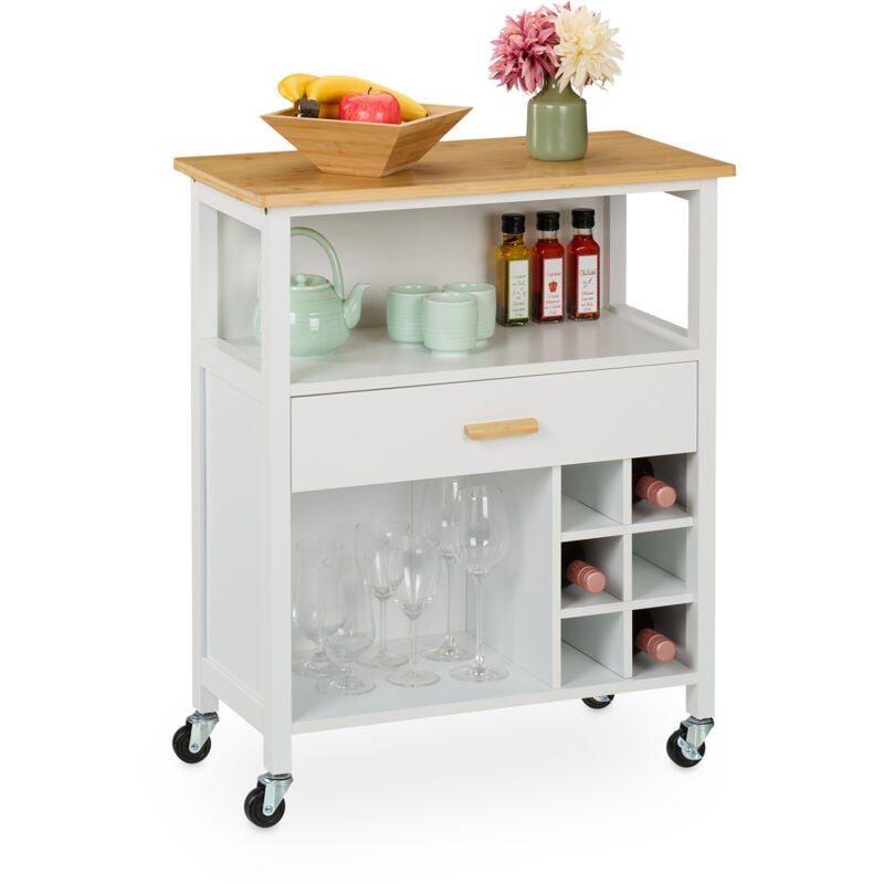 Desserte de cuisine, pour 6 bouteilles, tiroir spacieux, plan de travail, 80 x 65 x 35 cm, blanc et nature - Relaxdays