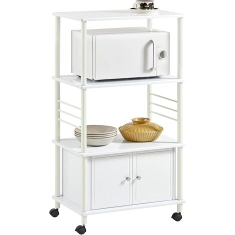 Chariot de Cuisine Roulant Meuble de Rangement avec 3 Tablettes et Armoire, Support pour Micro-ondes, Structure en Métal Blanc, 60×40×110 cm, SoBuy® FRG12-W