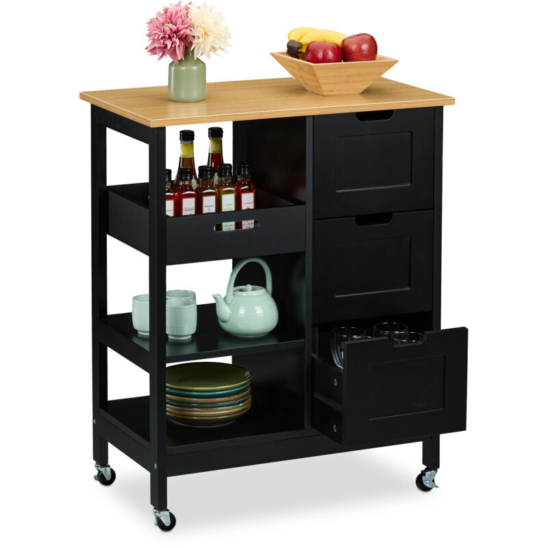 Desserte de cuisine, à roulettes, 3 tiroirs spacieux, h x l x p : 85 x 68,5 x 38,5 cm, noir et nature - Relaxdays