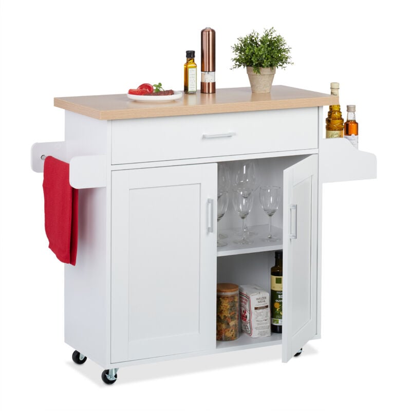 Chariot de cuisine, tiroir, 2 compartiments, épices, serviettes, HxLxP : 90x114,5x39,5 cm, blanc - nature - Relaxdays