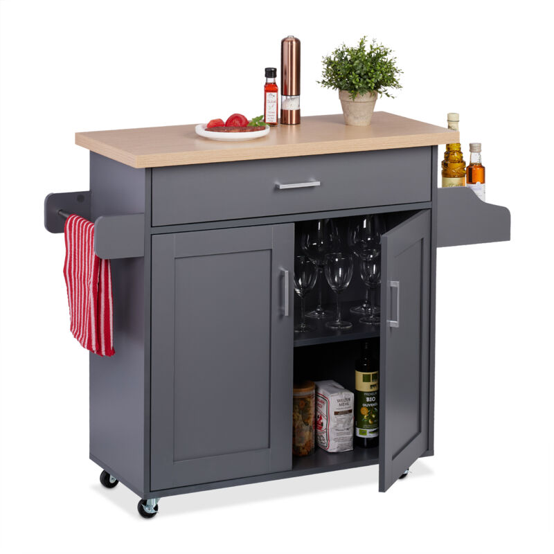 Chariot de cuisine, tiroir, 2 compartiments, épices, serviettes, HxLxP : 90x114,5x39,5 cm, gris - nature - Relaxdays