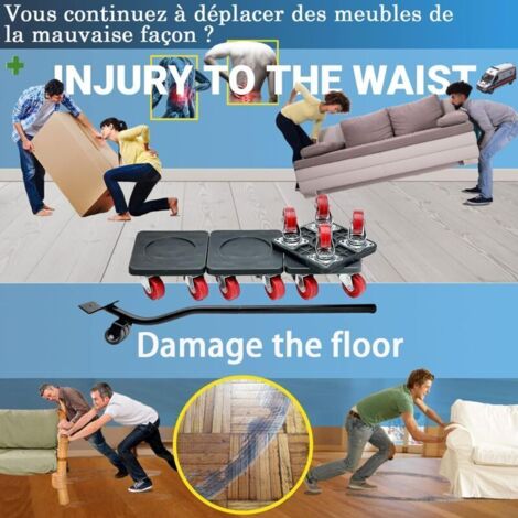 Chariot de Déménagement à Roulettes Pivotantes 360° avec Barre de Levage – Charge Max 400 kg