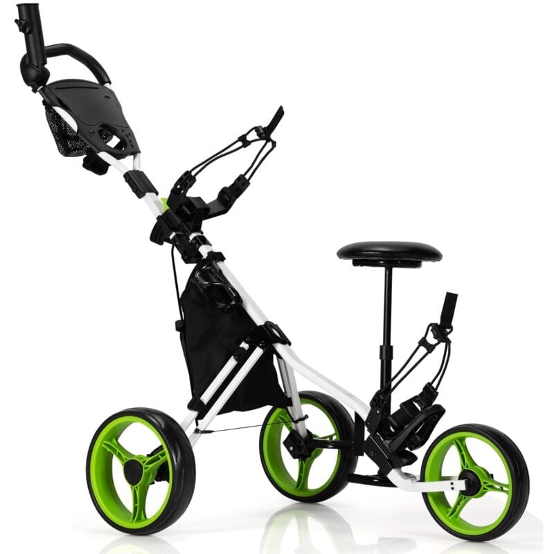 Chariot de Golf 3 Roues Pliable Frein Poignée Réglable Vert CW68314