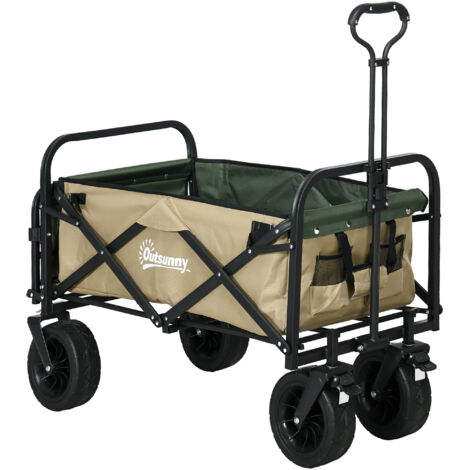 Chariot de Jardin 110L avec Poignée Télescopique et Fond Ouvrant, Acier et Tissu Oxford, Kaki